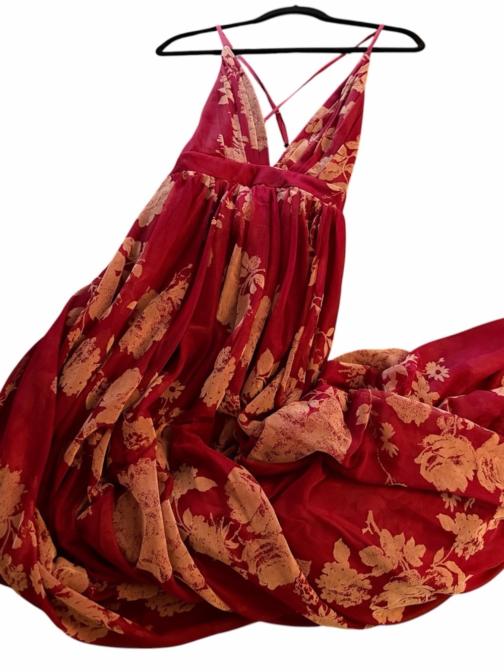 Ever After Red Floral Maxi Dress with Crisscross Back perfect for a dressy event - Picture 11 of 15